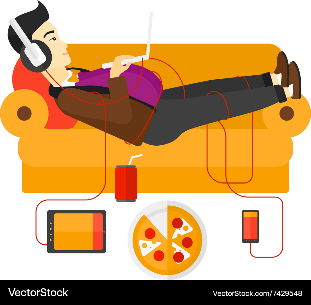 Man with gadgets lying on sofa Vector Image