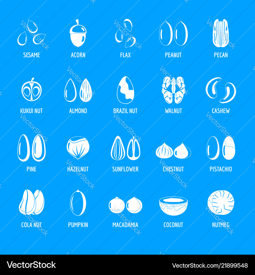 Nut types with signed names icons set simple style Nut types with signed names icons set simple style Vector Image
