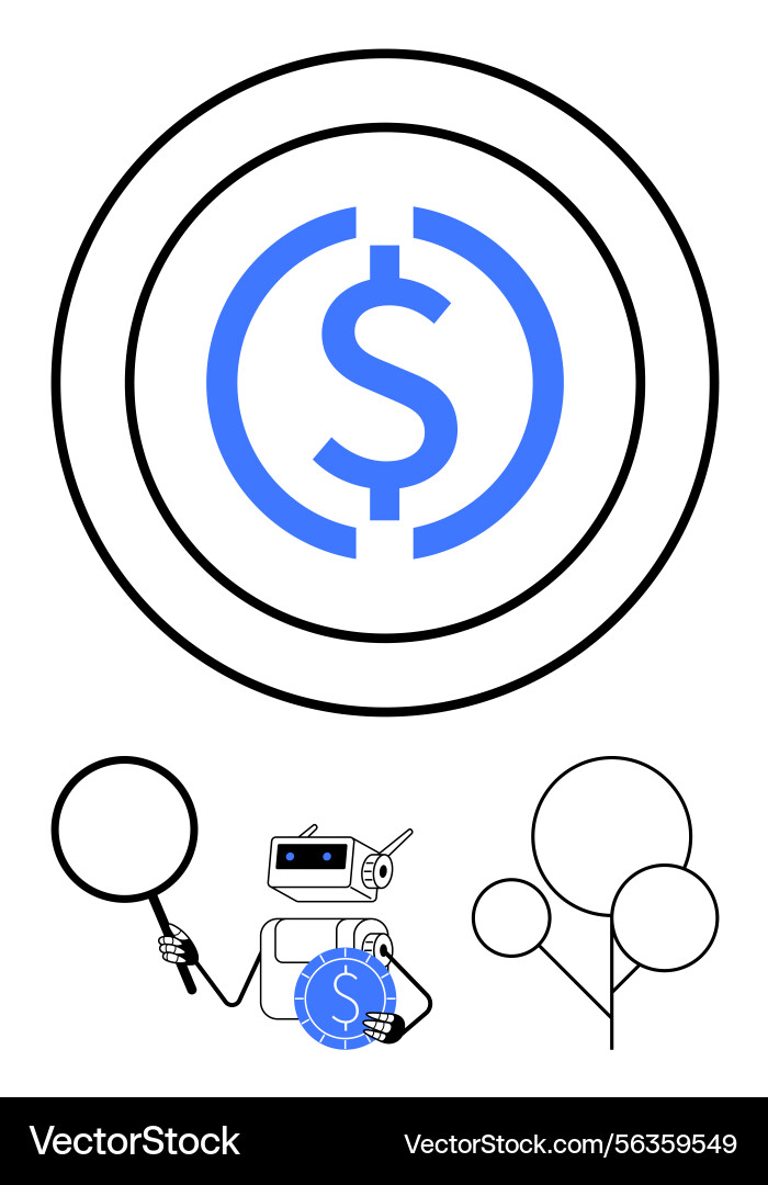 Robot analyzing digital currency with search lens Robot analyzing digital currency with search lens vector image
