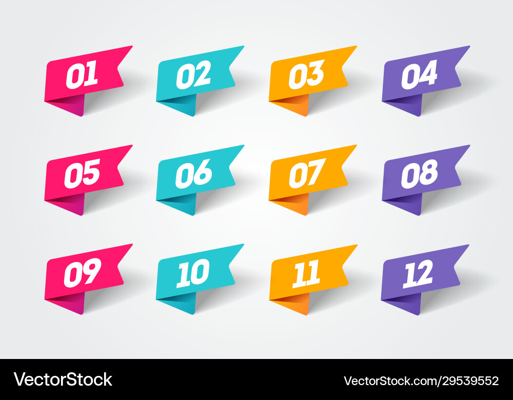 Modern Flag Style Bullet Points (1-12) Vector Image