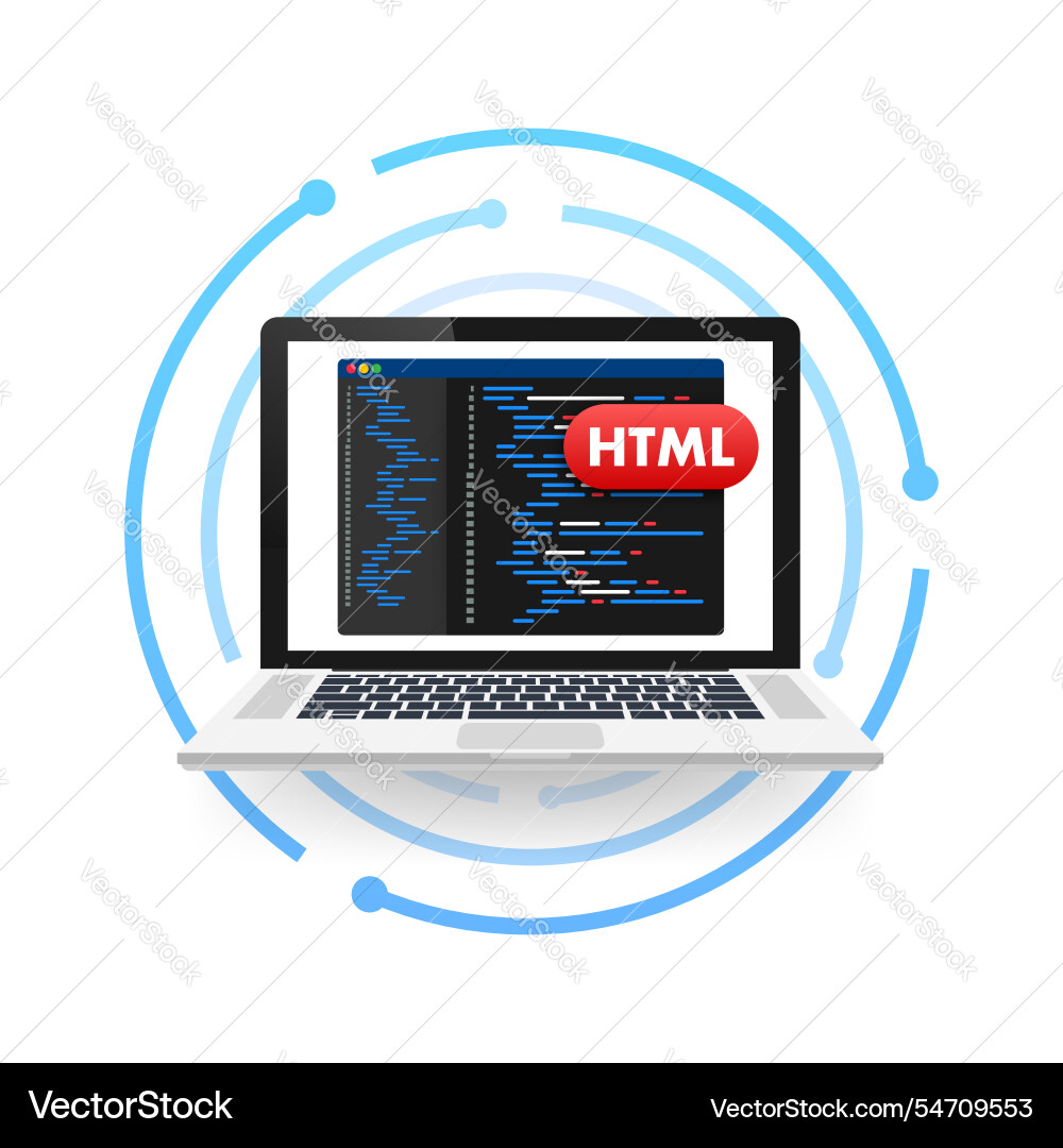 Laptop showing html code on screen programming Laptop showing html code on screen programming vector image