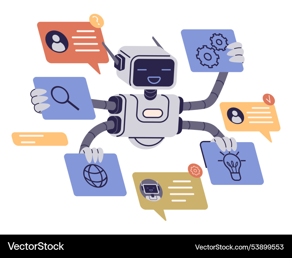 Multi-tasking robot with speech bubbles vector image