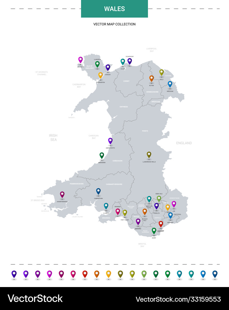 Wales map with location pointer marks infographic Wales map with location pointer marks infographic vector image