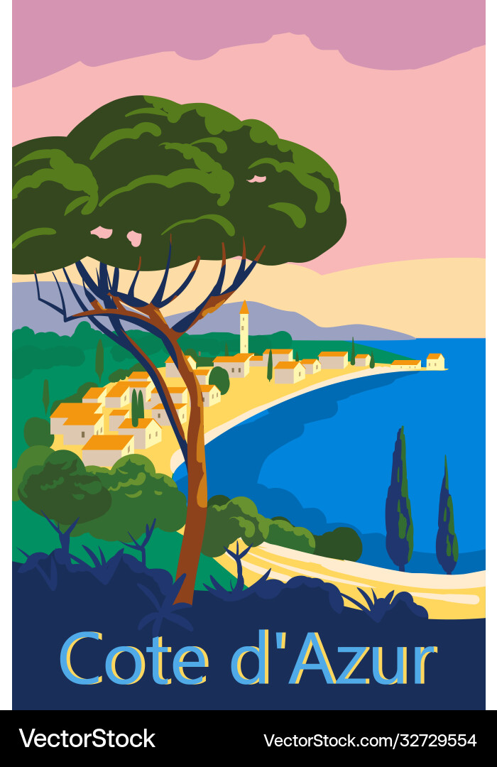 Cote d azur france travel poster retro old city Cote d azur france travel poster retro old city vector image