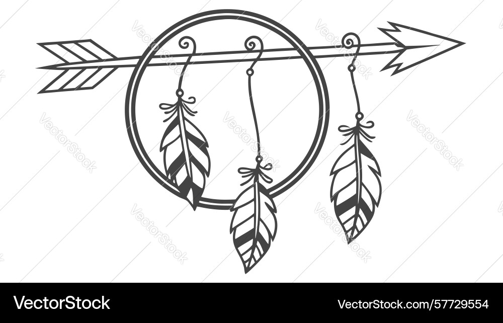 Decorative arrow with feathers and circle design vector image
