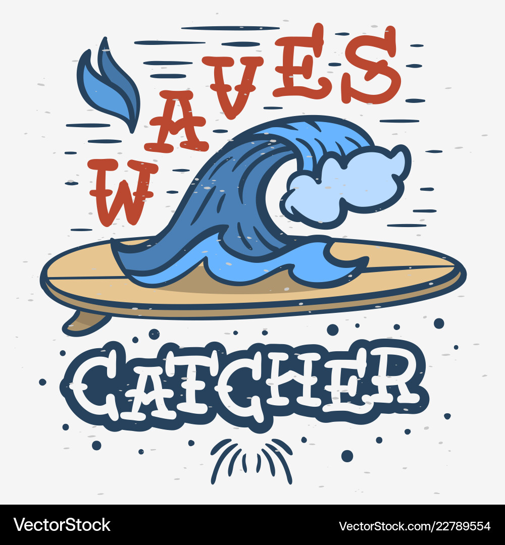 Retro Surf Waves Hand Drawn Graphics Vektorbild