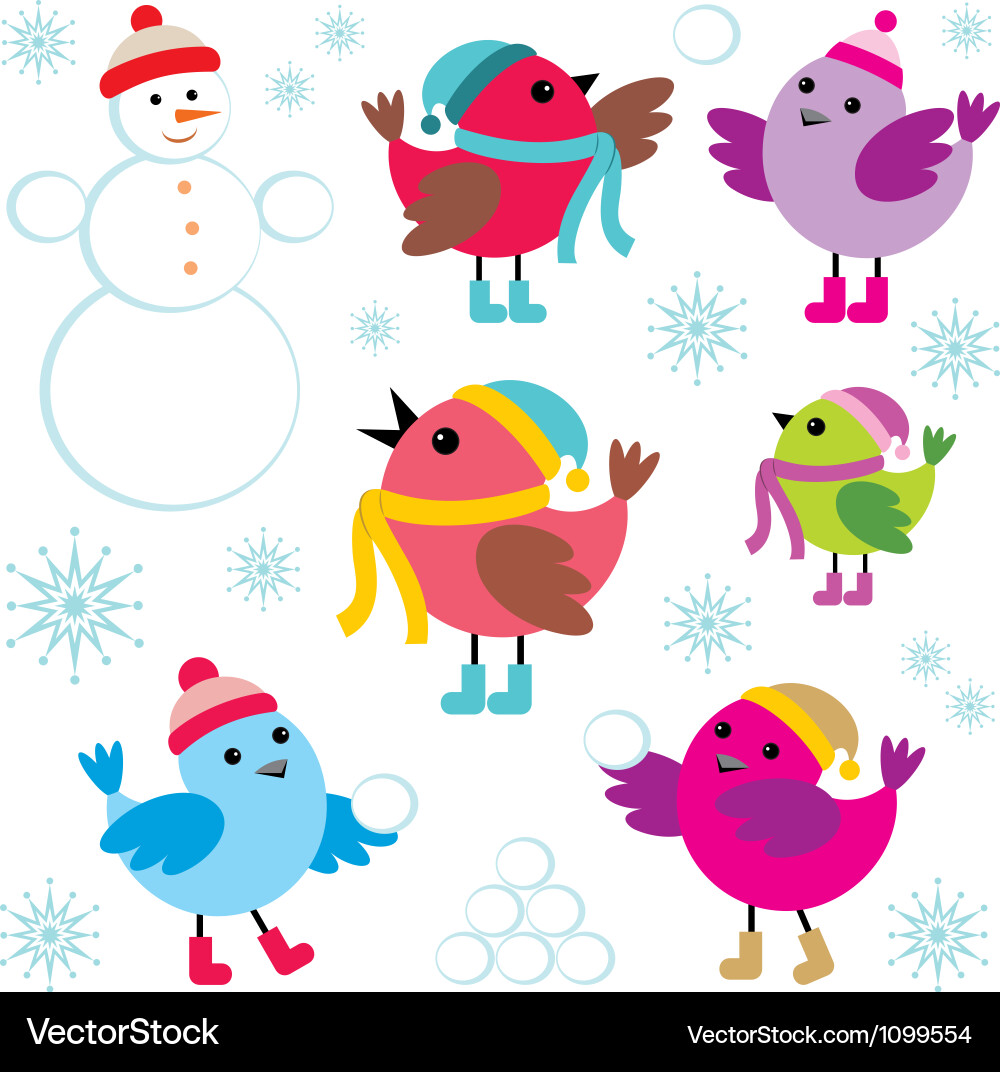 Set of winter birds and snow man vector image