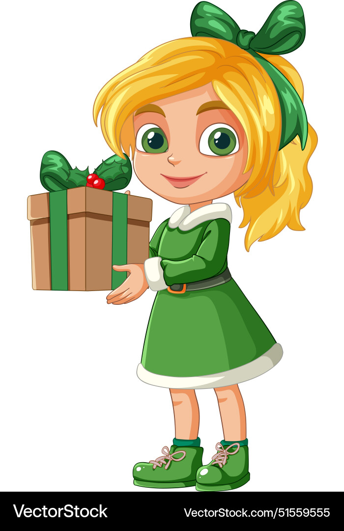 Blond Mädchen im grünen Kleid mit Geschenk Blond Mädchen im grünen Kleid mit Geschenk vektorbild