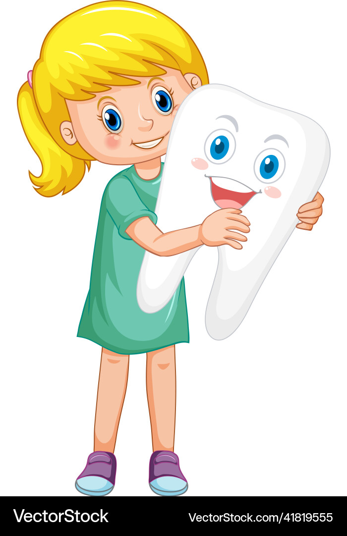 Happy kid holding a big tooth on white background Happy kid holding a big tooth on white background vector image