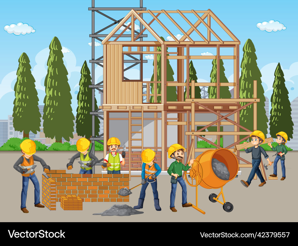 Construction site with workers Royalty Free Vector Image