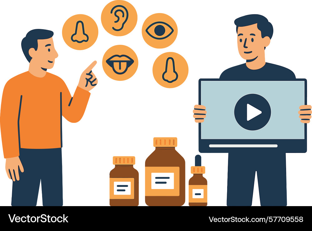 Man explains five senses using icons while another Man explains five senses using icons while another vector image