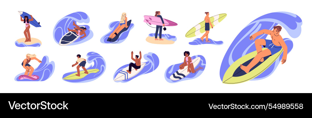 Set von glücklichen Menschen surfen eine Welle zu fangen Set von glücklichen Menschen surfen eine Welle zu fangen vektorbild