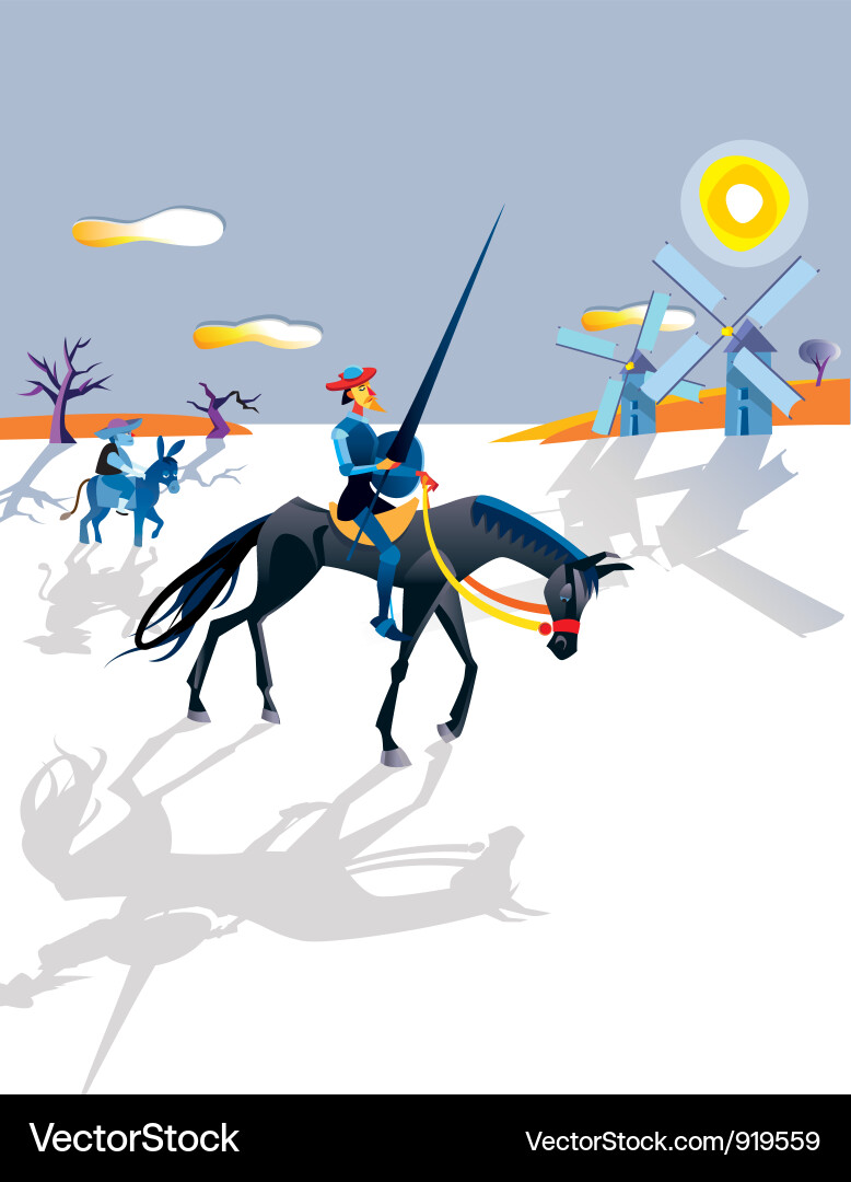 Don Quixote and Windmills Vector Image