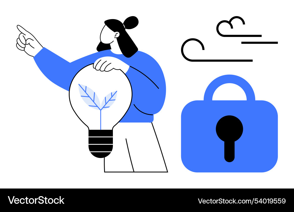 Man with light bulb pointing near padlock and wind Man with light bulb pointing near padlock and wind vector image