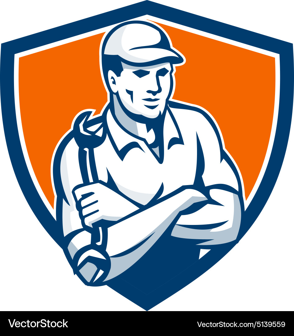 Mechanic holding spanner arms crossed shield retro Vector Image