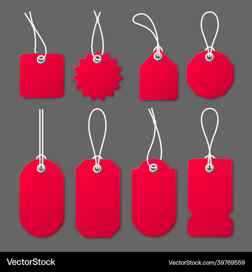 Realistic red price tags with white string on gray Realistic red price tags with white string on gray vector image