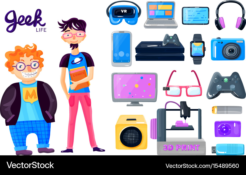Nerd Gadget Icons - Tech Characters vector image