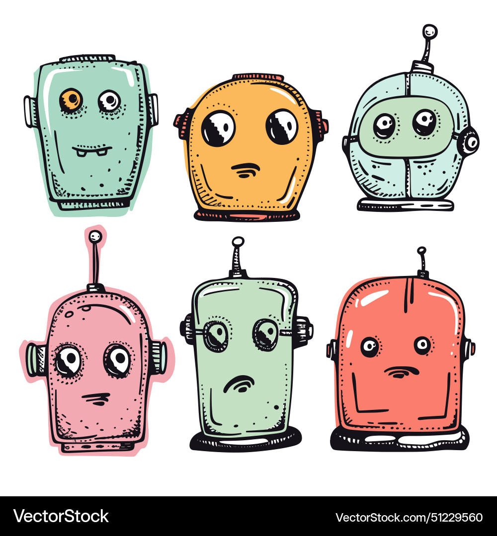 Six quirky handdrawn robots express various Six quirky handdrawn robots express various vector image