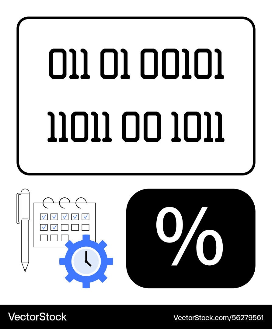 Binary code calendar with pen and clock gear Binary code calendar with pen and clock gear vector image