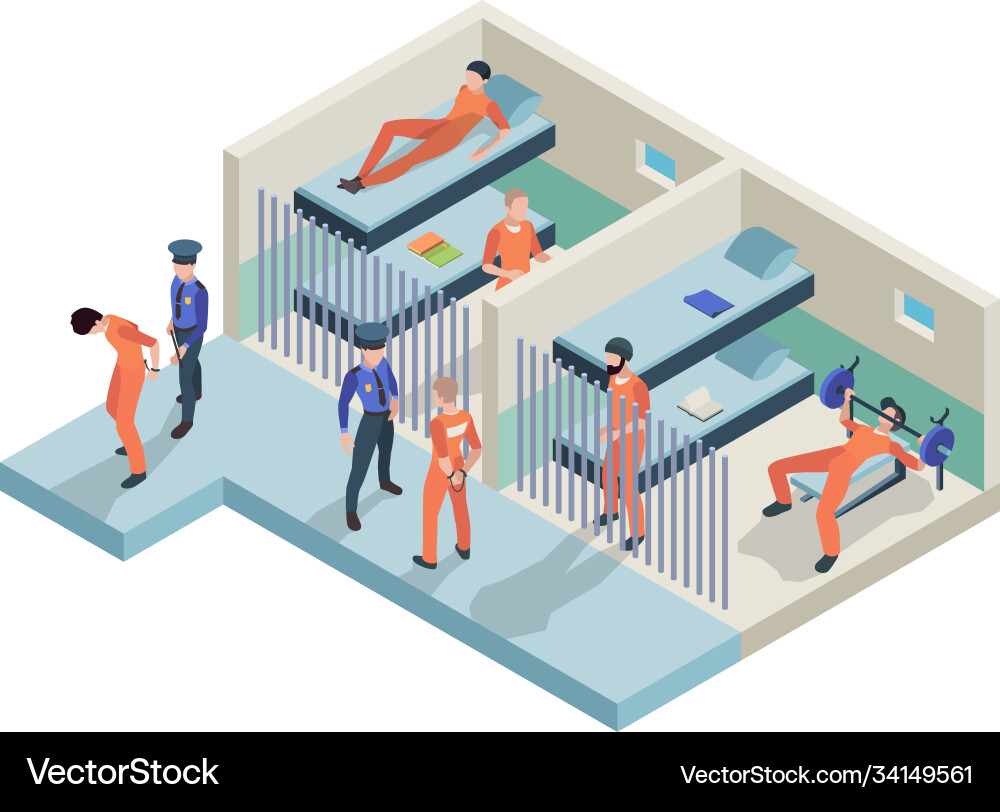 Jail interior prisoners sitting in cameras Vector Image