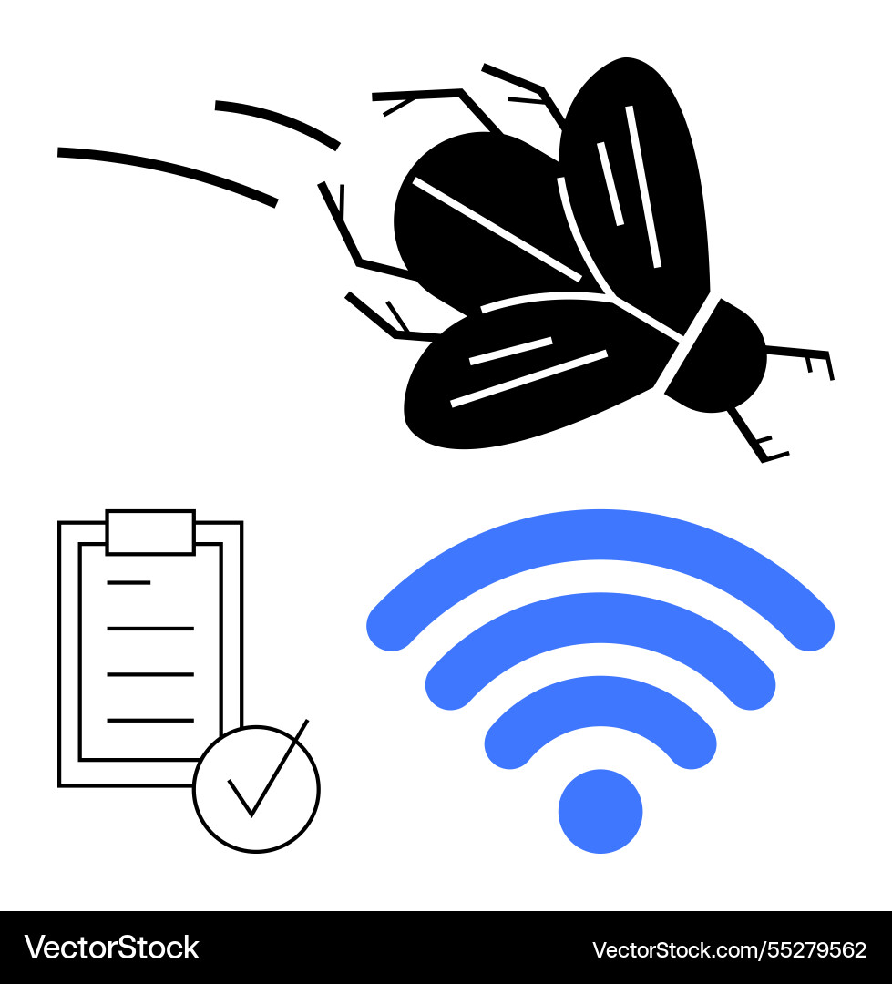 Bug flying with checklist and wireless symbol Bug flying with checklist and wireless symbol vector image