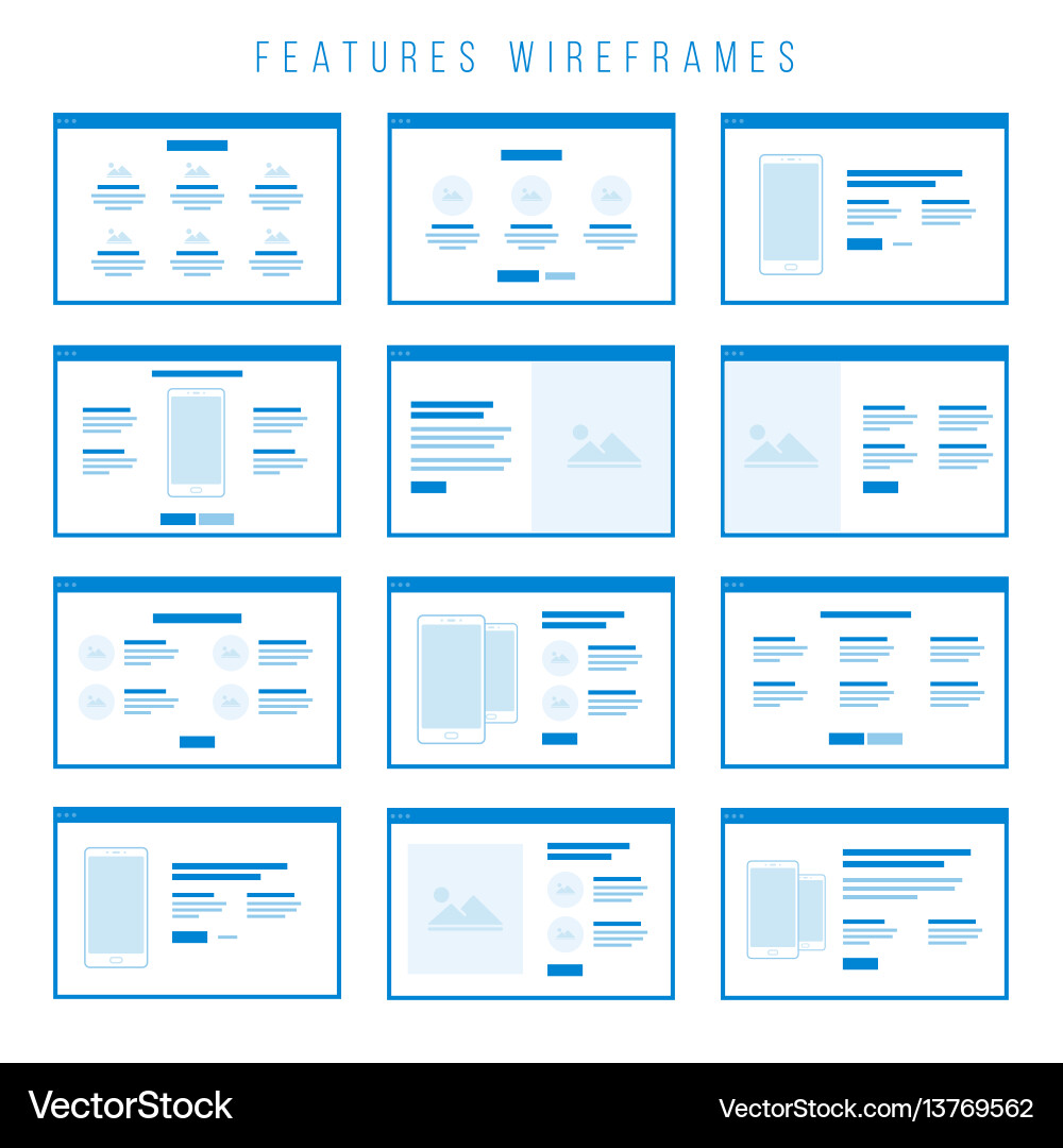Features wireframe components for prototypes Features wireframe components for prototypes vector image