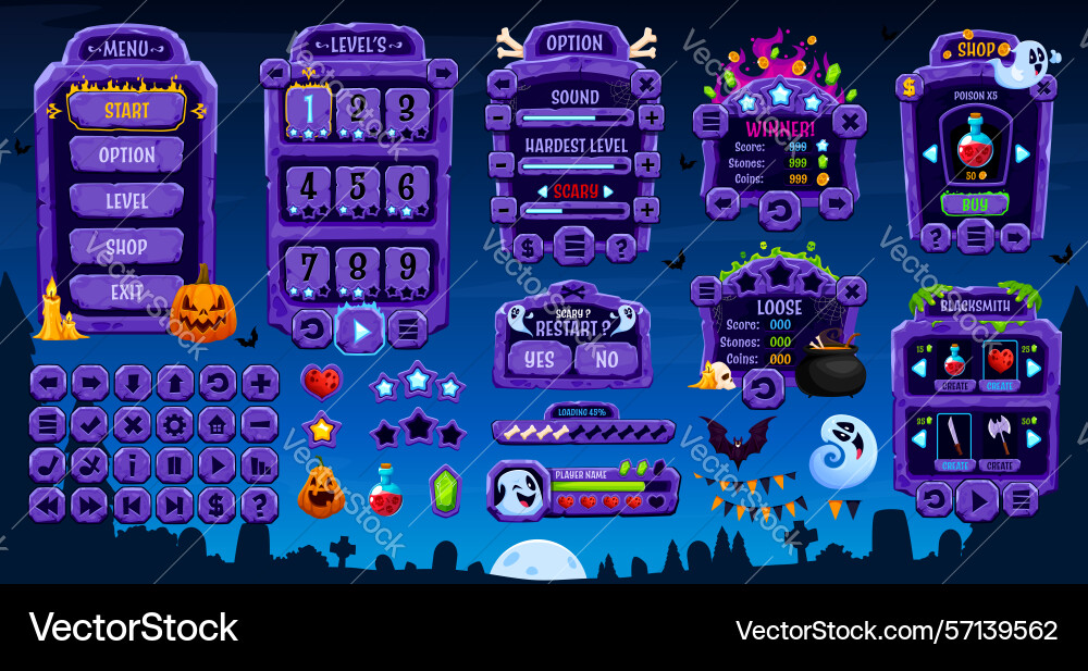 Halloween game interface gui menu panel and bars Halloween game interface gui menu panel and bars vector image