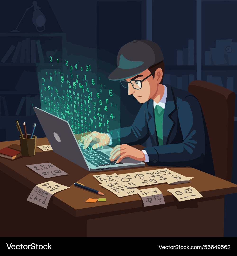 Person coding at desk with computer and glowing vector image