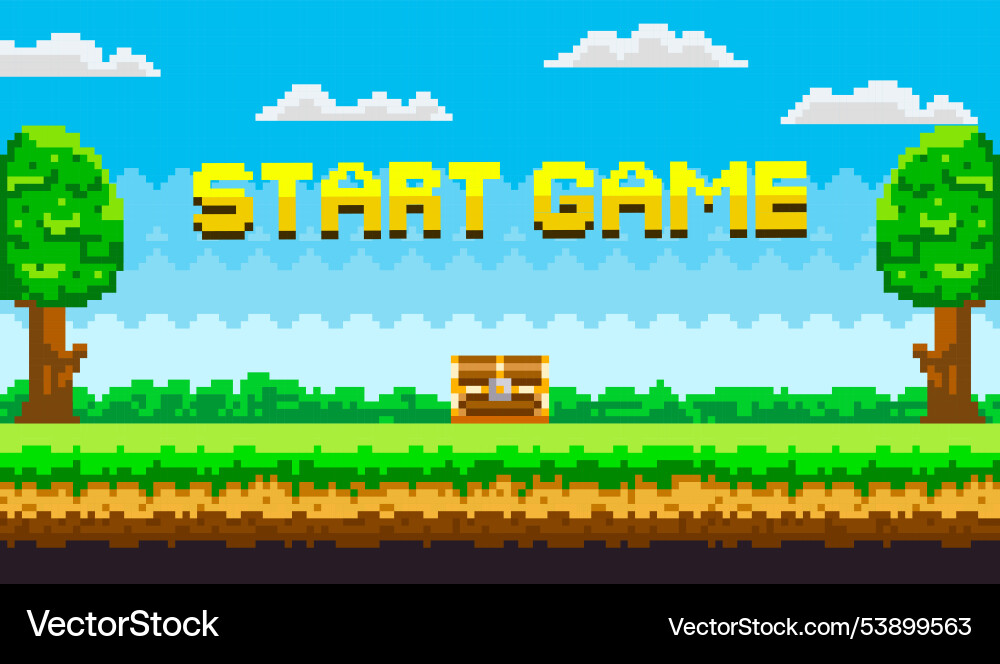 Pixel art game start screen with trees and clouds Pixel art game start screen with trees and clouds Vector Image