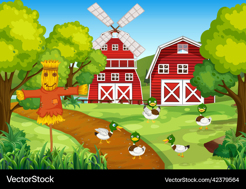 Farm scene with ducks and scarecrow Farm scene with ducks and scarecrow vector image