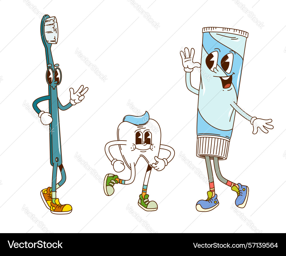 Groovy tooth toothpaste and brush characters Vector Image