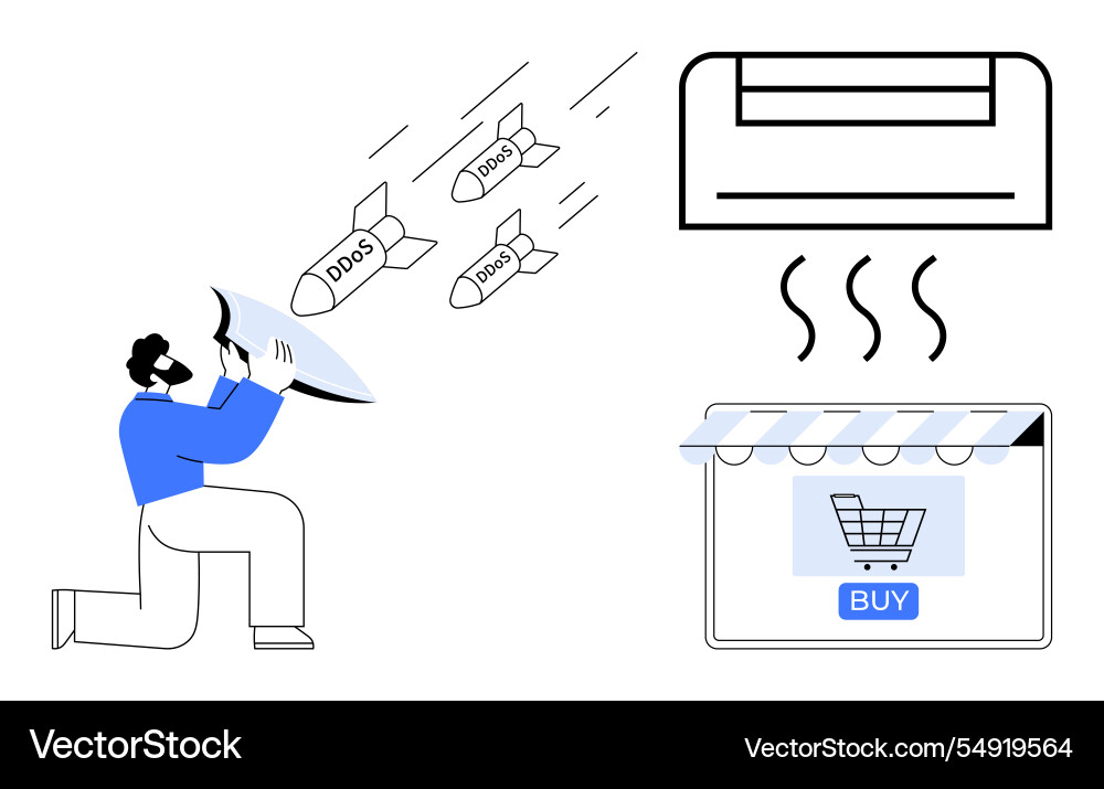 Man using bugle to stop incoming ddos attacks Man using bugle to stop incoming ddos attacks vector image