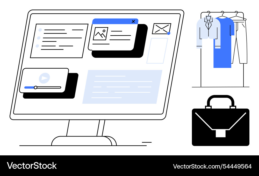 Office workspace with computer displaying various Office workspace with computer displaying various vector image