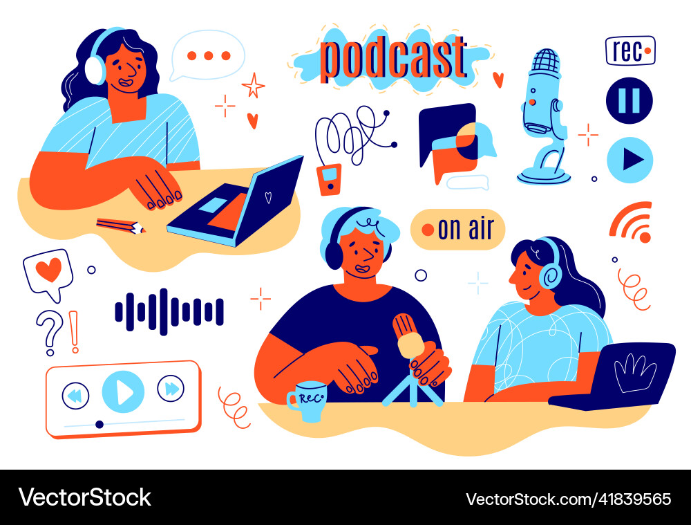 Podcast recording icons and people radio program Podcast recording icons and people radio program vector image