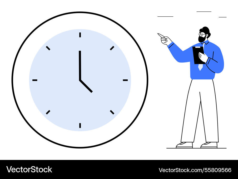 Professional pointing at large clock representing Professional pointing at large clock representing vector image