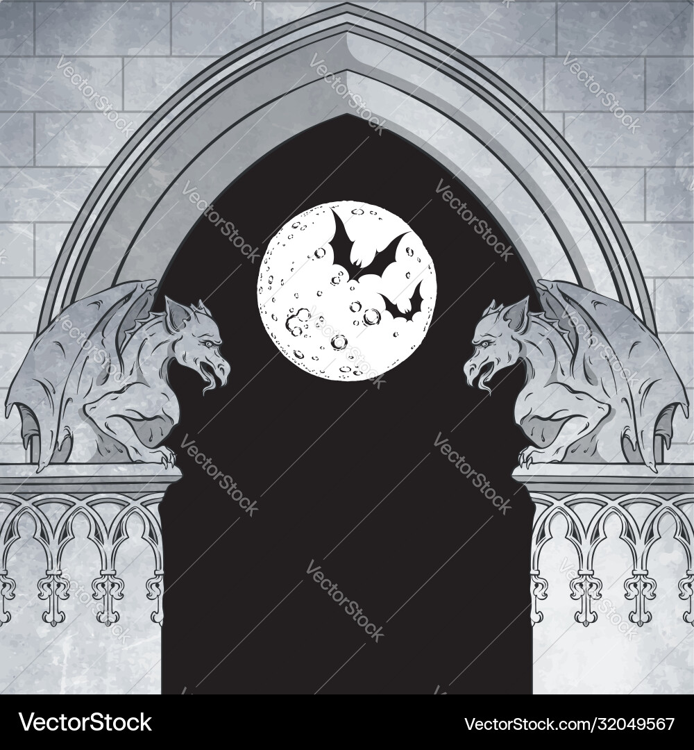 Gotikbogen mit Gargoylen und Vollmond Gotikbogen mit Gargoylen und Vollmond vektorbild