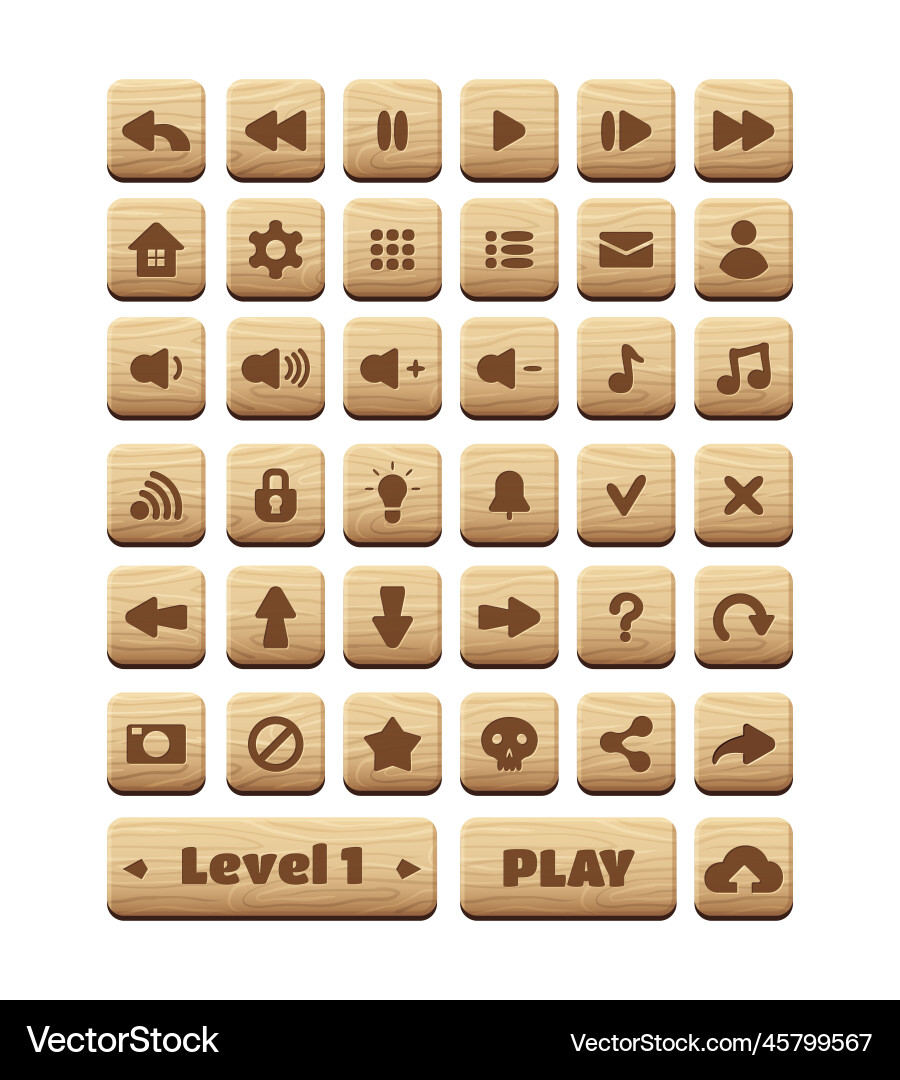 Wooden buttons game ui asset gaming user Wooden buttons game ui asset gaming user vector image