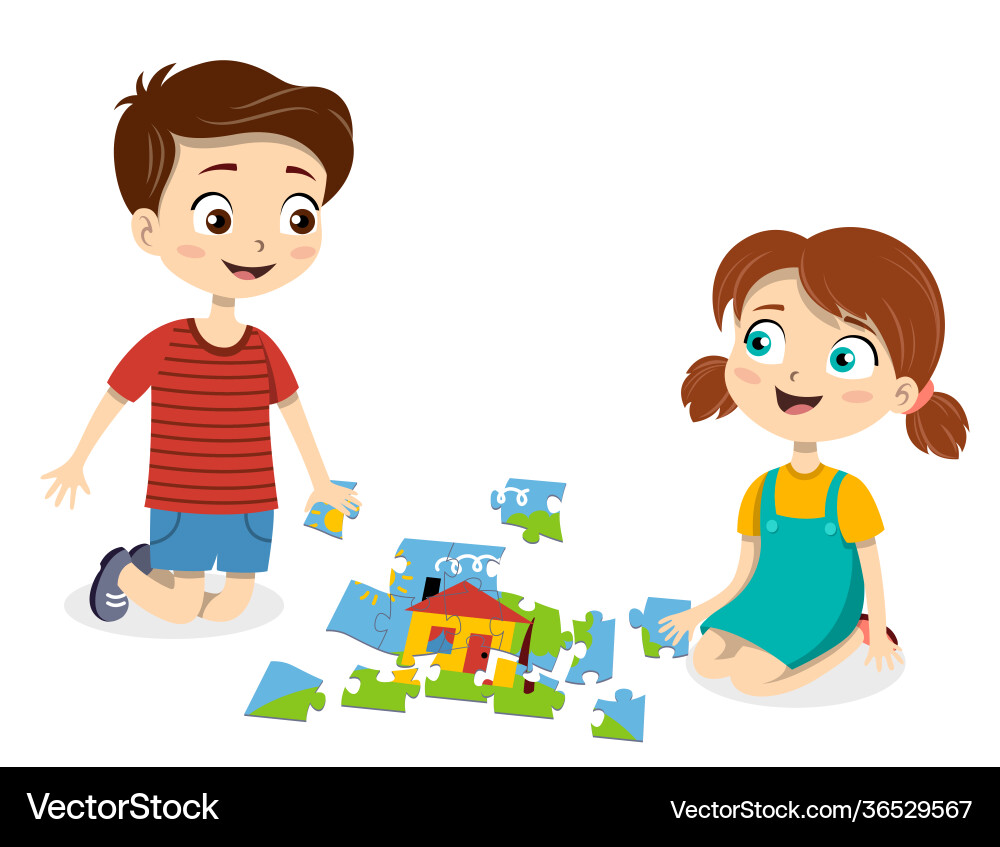 Young boy and girl having fun doing a jigsaw Young boy and girl having fun doing a jigsaw vector image