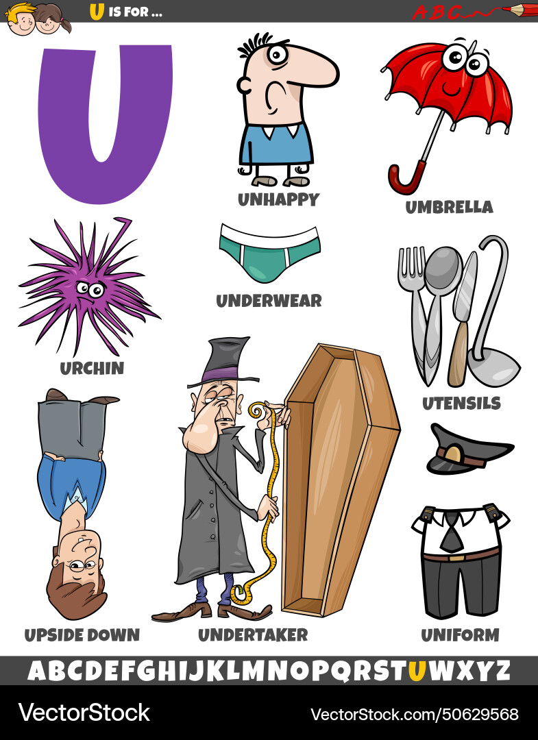 Letter u set with cartoon objects and characters Letter u set with cartoon objects and characters vector image