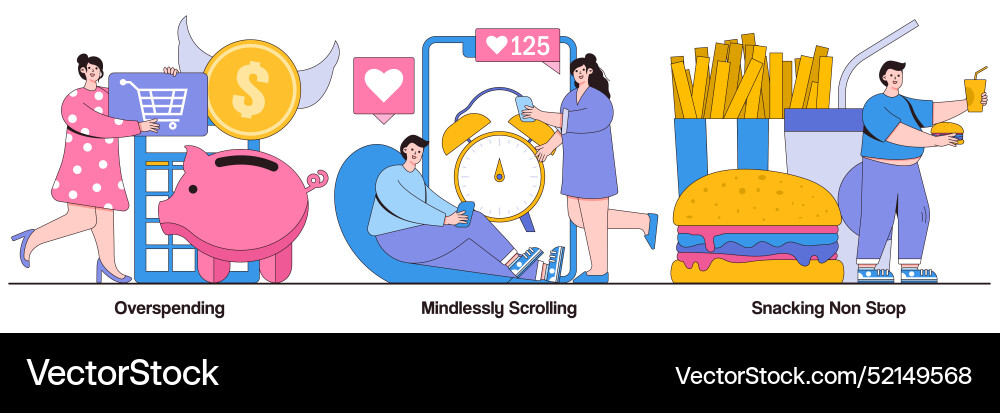 Overspending mindlessly scrolling snacking Overspending mindlessly scrolling snacking Vector Image