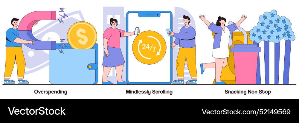Overspending mindlessly scrolling and snacking Overspending mindlessly scrolling and snacking vector image
