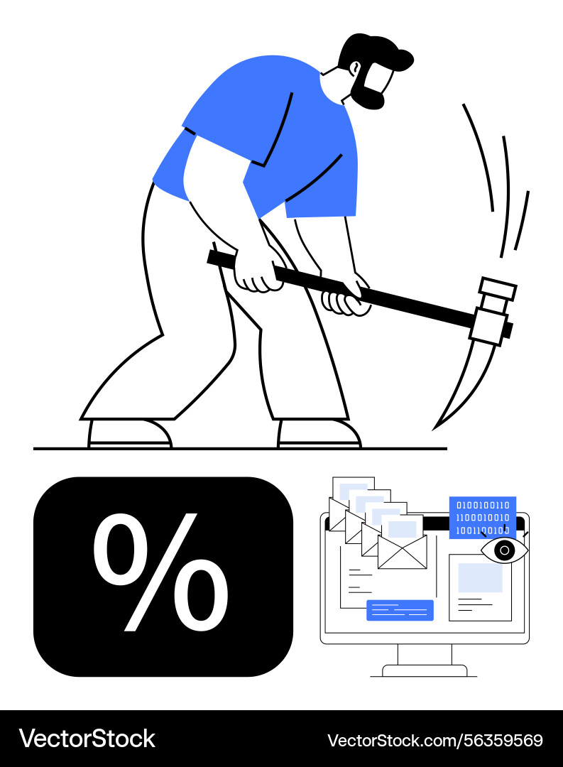 Worker mining digital data with pickaxe near Worker mining digital data with pickaxe near vector image