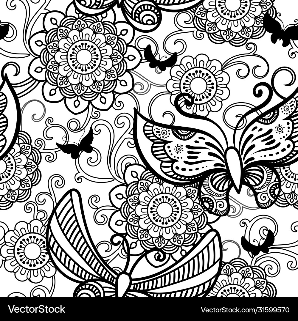 Hand drawn flowers and butterfly background vector image