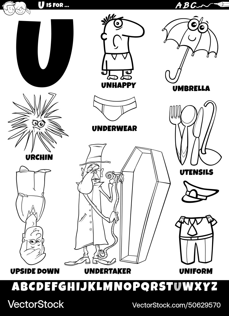 Letter u set with cartoon objects and characters Letter u set with cartoon objects and characters vector image