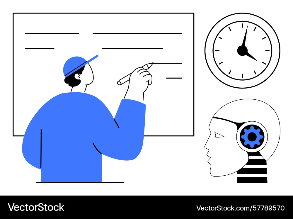 Man writing on whiteboard with clock and robotic vector image
