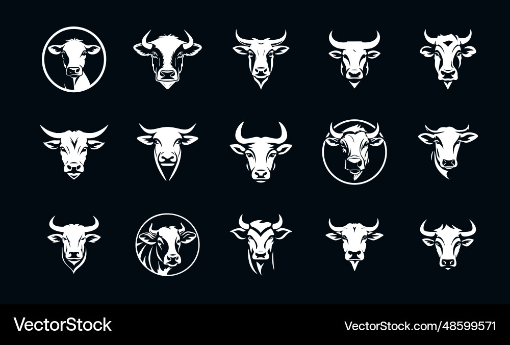 Cow and bull head icon set cattle logo collection Cow and bull head icon set cattle logo collection vector image