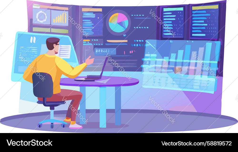 Team analyzing data on multiple screens in a tech Vector Image