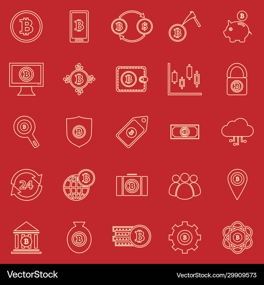 Bitcoin line color icons on red background Vector Image