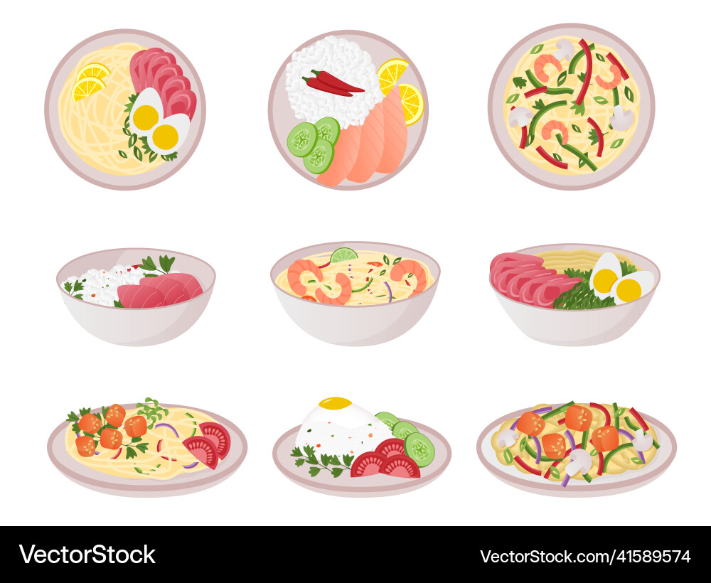 Food in bowl asian cartoon noodle rice and spicy vector image