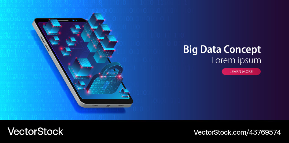 Isometric mobile phone ig data flow processing vector image